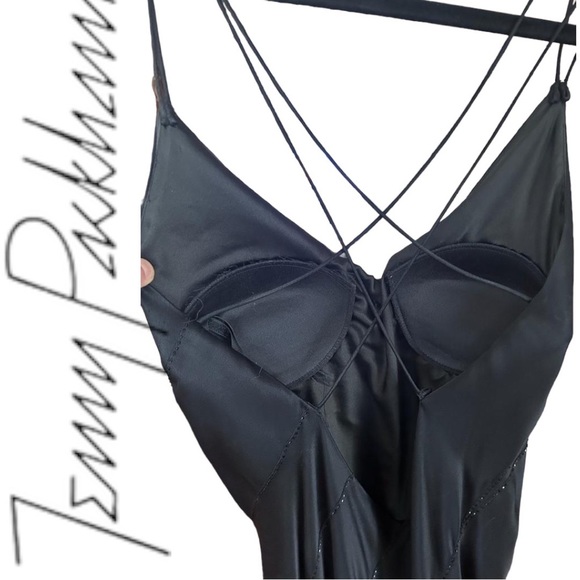 Jenny Packham Mermaid shape black satin dress striped w/ black sequins Sz 6 USA - Picture 8 of 8